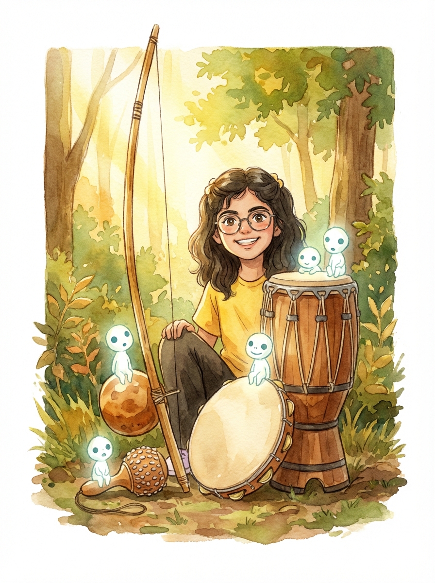 Capoeira instruments with kodama spirits