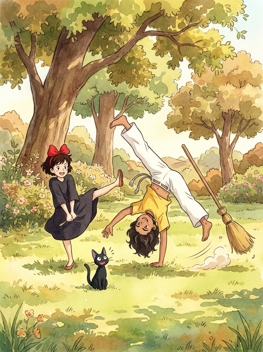 Nyra doing cartwheel with Kiki