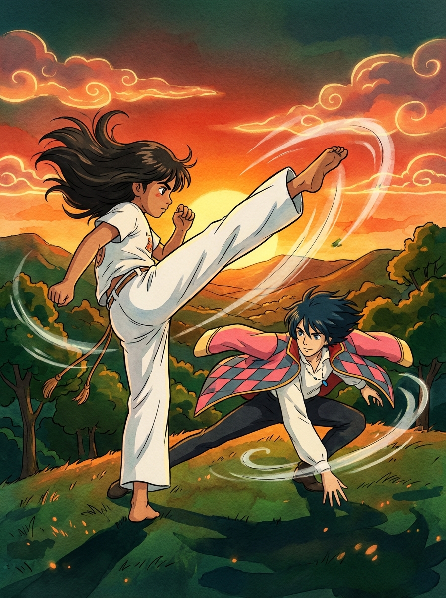 Nyra spinning kick at sunset